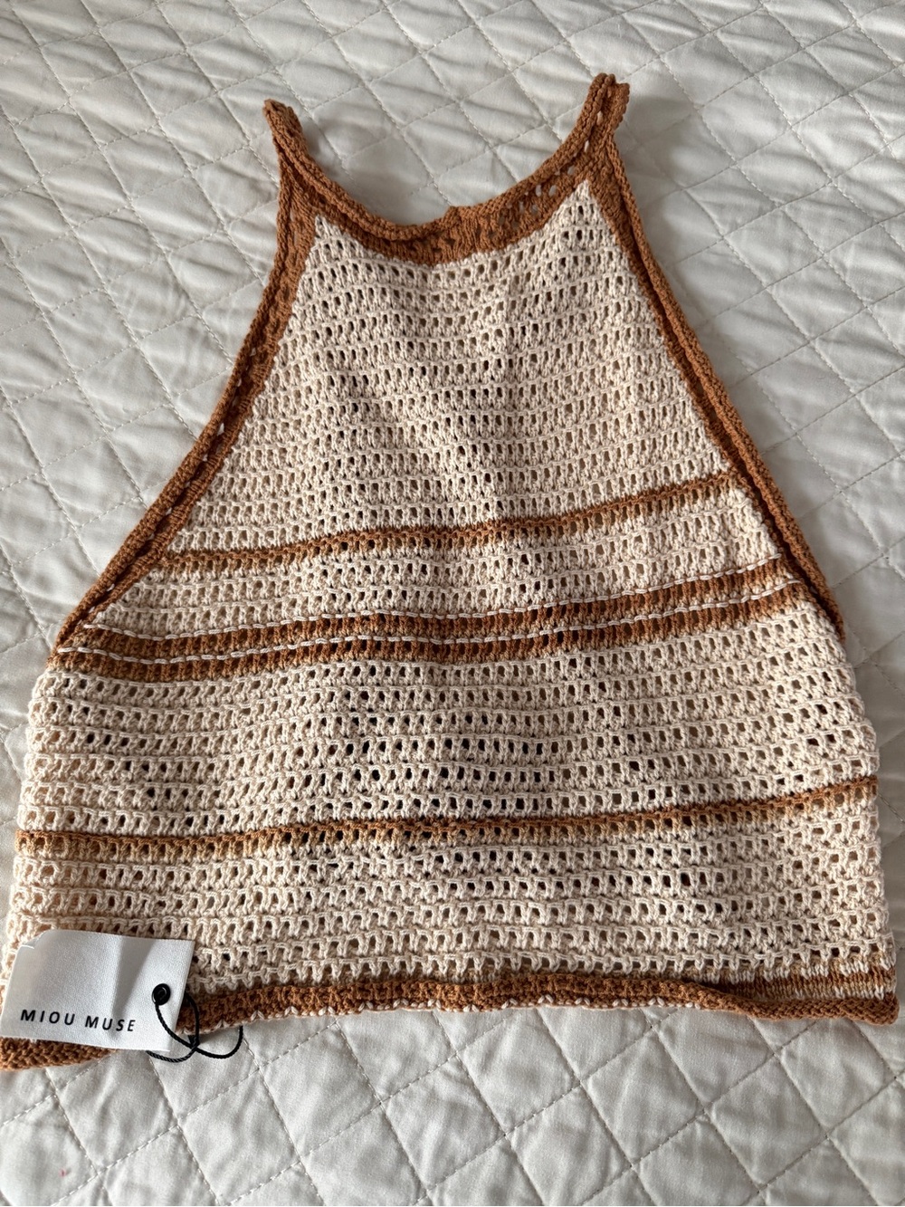 Miou Muse Cream and Brown Crochet Halter Tank